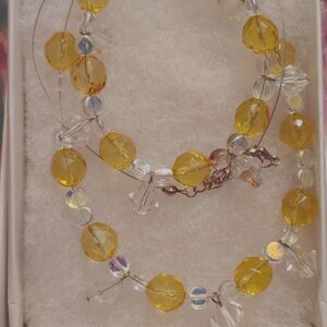 Handmade Necklace & Bracelet SET Glass Yellow Bead Clear Charm Iridescent spacer